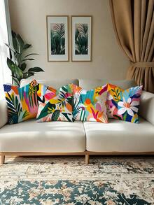 4pcs Dopamine Colorblock Tropical Plant Pillow Covers, Living Room Sofa Backrest Covers, Bedroom Headboard Decorative Cushion Covers (Pillow Inserts Not Included) - Multicolor - View 2