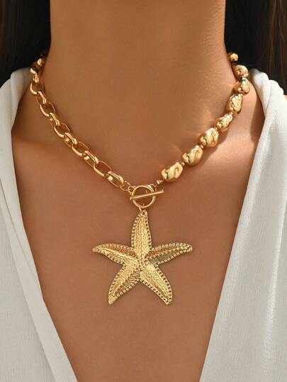 1件装粗链不对称CCB串珠项链，配金色链条，时尚百搭的海星吊坠项链，适合女性日常佩戴、外出、拍照、派对等场合。
