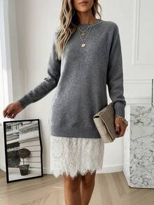 Gray Sweater, Long Sleeve Pullover, Round Neck Knit Sweater, Women's Knitted Top, Loose Fit Sweater, Casual Style, Autumn/Winter Fashion, Loose Knit Blouse, Ribbed Cuffs, Stylish Street Wear - Grey - View 5