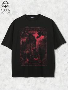 Black Tee Shirt Scary Castle Graphic - Red - View 1