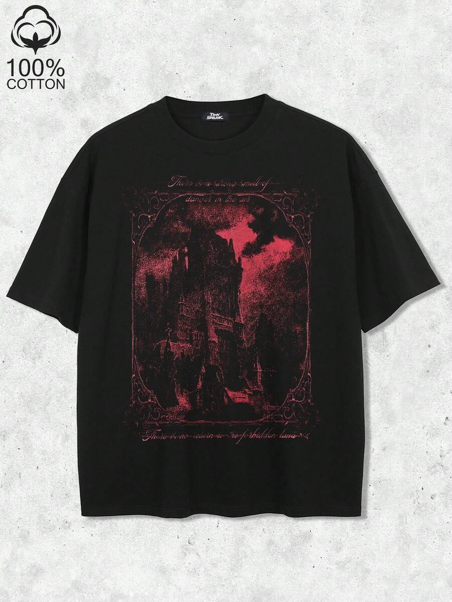 Black Tee Shirt Scary Castle Graphic - Red - View 1