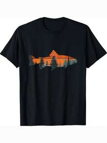 1 camiseta casual para hombre con estampado 3D de trucha para pesca con mosca| Negro con gráfico naranja y verde azulado, tela suave y transpirable, corte regular de manga corta, regalo para entusiastas de la pesca al aire libre, comodidad de verano, camisa de pesca, ropa casual, estilo casual, talla grande. - Negro - Ver 1