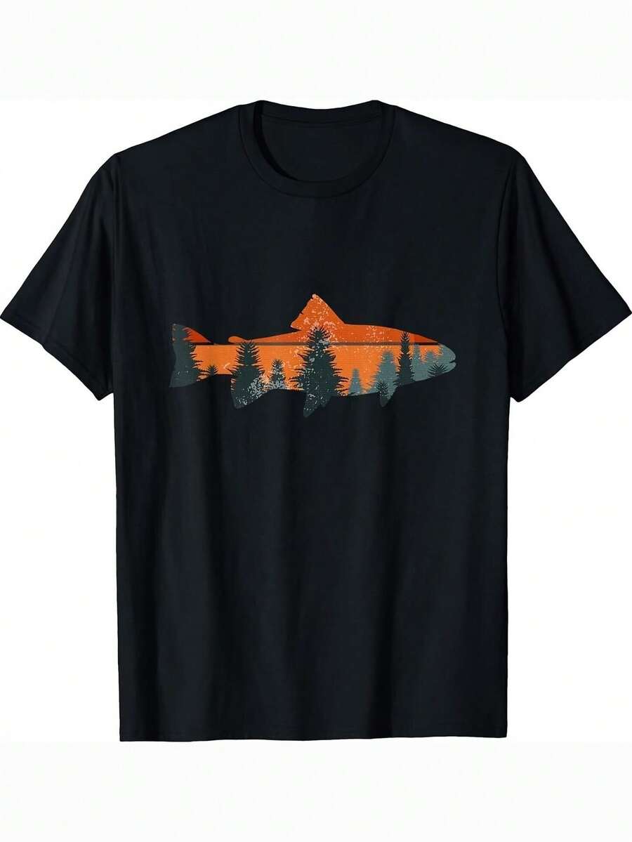 1 camiseta casual para hombre con estampado 3D de trucha para pesca con mosca| Negro con gráfico naranja y verde azulado, tela suave y transpirable, corte regular de manga corta, regalo para entusiastas de la pesca al aire libre, comodidad de verano, camisa de pesca, ropa casual, estilo casual, talla grande. - Negro - Ver 1