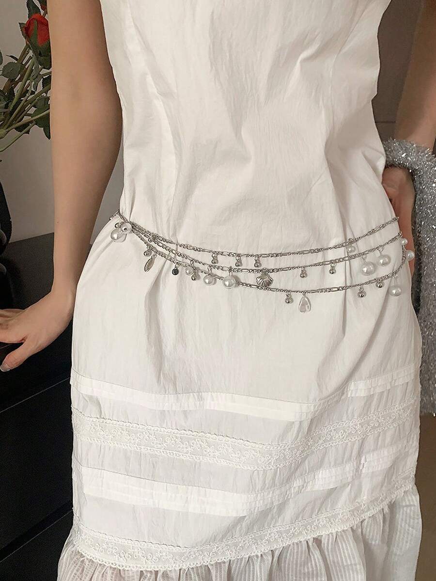 1件银色合金材质优雅小众三层腰链，女士款 - 銀色 - 查看 1