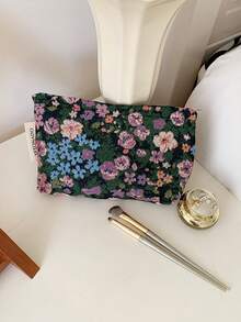 1 PC/Set Purple Green Floral Jacquard Embroidery Women Girl Makeup Pouch Make Up Bag Portable Large Capacity Cosmetic Bag With Zipper,For Travel And Vacation Essentials,For Sanitary Napkins,Keys,Hair Accessories,Charger,Lipsticks,Cosmetics,Perfume,Makeup Brush Holder Organizer Storage Bag,For Skin Care And Beauty Products,For Women,Students,School Girls,For Birthday Gifts,Friends Gift,Holiday Gift - Màu tím - Xem 12