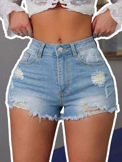 时尚破洞牛仔迷你短裤，直筒休闲设计，舒适中等弹力，专为女性打造。