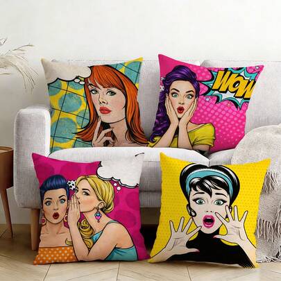 4件套波普艺术时尚女孩装饰枕套，涤纶材质，粉色和黄色，不含枕芯，适用于沙发、床、汽车、客厅、家居装饰