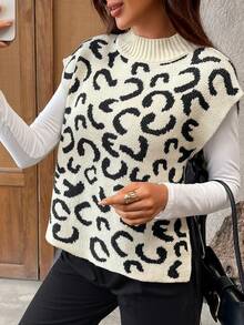 豹纹印花休闲无袖针织上衣 - 卡其色 - 查看 1