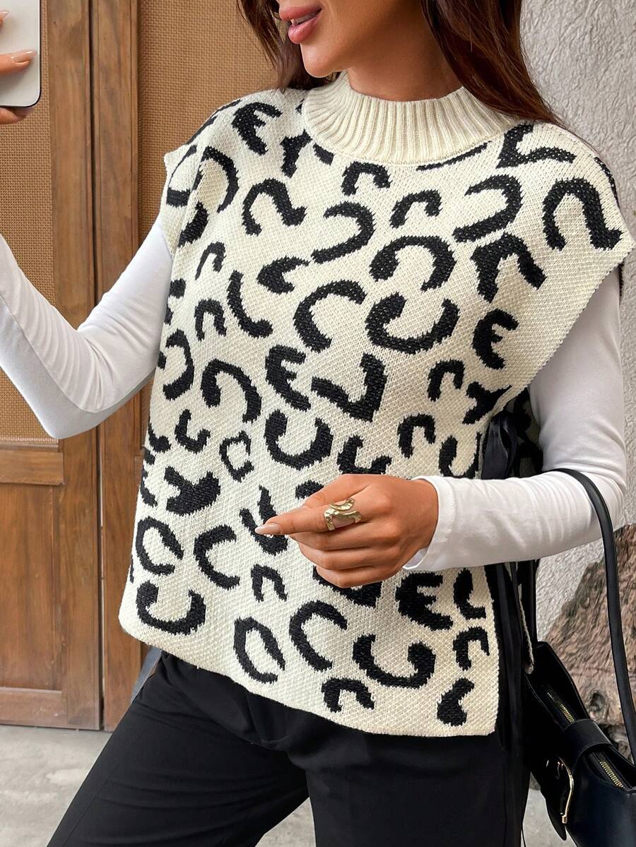 豹纹印花休闲无袖针织上衣 - 卡其色 - 查看 1