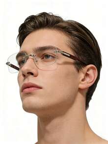 1pc Men's Casual Retro Square Frameless Fashion Flat Lens Glasses, Suitable For Daily Wear And Street Photography - Multicolor - View 2