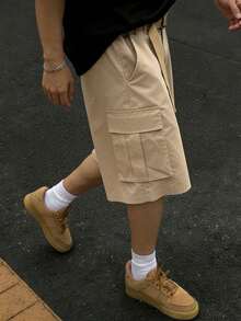 Men's Khaki Cargo Shorts, Multi-Pocket Straight Leg Streetwear - Khaki - View 2