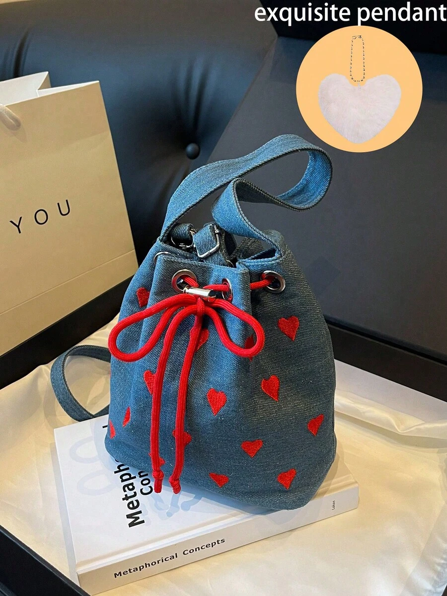 Heart-Shaped Handheld One Shoulder Crossbody Bucket Bag Mini Tote Bag Canvas Drawstring - Blue With Pendant - View 1