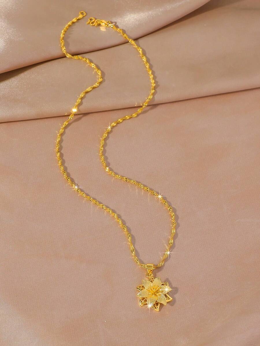 1 件迷人镀金百合花复古风格项链，适合作为妇女节、节日珠宝礼物 - 金黃色 - 查看 1