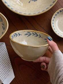1 Set New Chinese Style Blue Painted Tableware, Highly Attractive Vintage Floral Asymmetrical Tableware, Freesia Series Plates, Breakfast Dessert Bowls, Vegetable Salad Mixed Rice Plates, Large Capacity Noodle Bowls, Suitable For Home, Restaurant, Cafe, Dessert Shop, Gift, Gathering, Party - Blue - View 7