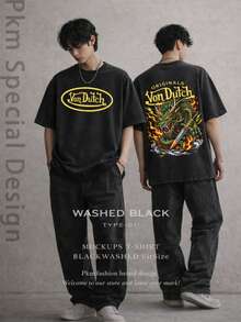 Men Black Washed Vons Dutchs Streetwear Style 100 Percent Cotton T Shirt Dragon And Knife Graphic And Text Casual Wear Front And Back Print Vintage Heavyweight Tee Perfect Gift Loose Comfortable Breathable Machine Washable Fabric Hip Hop Cool Drippy Clothes Y2K - 黑色 - 查看 3