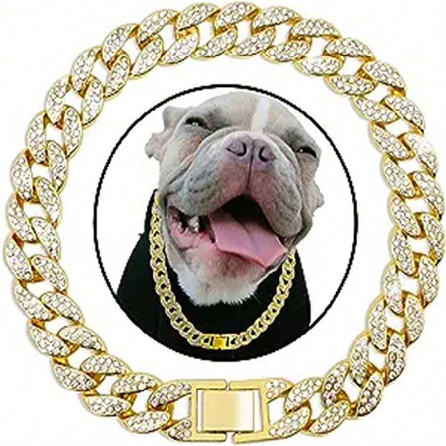 Fashionable Rhinestone Inlaid Zinc Alloy Cuban Chain Collar, Classic Hip-Hop Style With Unique Personalized, Adjustable Size Suitable For All Pets, Stylish And Durable, Suitable For Cats And Dogs - Multicolor - View 1