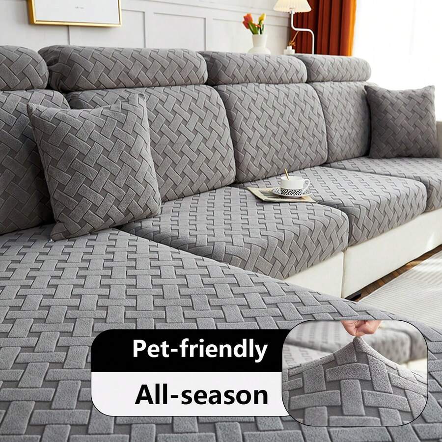 1pc Universal Solid Color Woven Sofa Slipcover, Suitable For All Seasons, Removable And Washable, Dust-Proof, Non-Slip, Wrinkle-Resistant, Easy To Clean, Odorless, Pet-Friendly Sofa Protector - Dark Grey - View 1