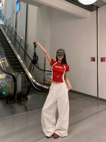 女士夏季字母印花撞色圆领短袖修身露脐T恤 休闲红色 - 紅色 - 查看 5