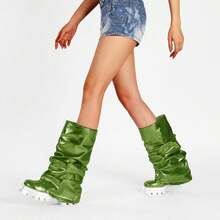 Women's Platform Round Toe Mid Calf Boots With Chunky Heel - M-green - View 6