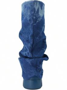 Women's Platform Round Toe Mid Calf Boots With Chunky Heel - Denim Blue - View 10