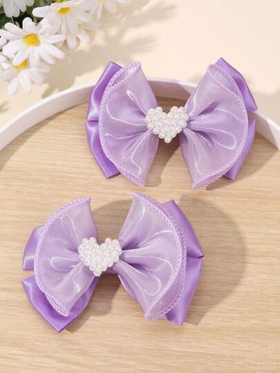 2PCS Sweet Purple Organza Hair Bows For Girls Heart Pearls Bow Hair Clips With Wired Edge Purple Ribbon Bow Alligator Clips Holiday Gift Hair Barrettes For And Party Teens Hair Accessories