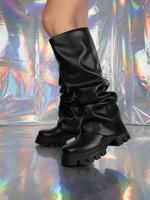 Knee High Slouchy Boots For Women Wide Calf Punk Metal Round Toe Fold Over Platform Boots Y2K Style Mettalic Slip On Folded Lug Sole Party Shoes Nightclub Outdoor Motorcycle Riding Business Casual Cosplay Wedding Dressy Concert Easter Spring Womens Summer Gothic Boots - 黑色 - 查看 4