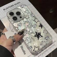 Starry Sky Feather Mesh Shiny Pattern Phone Case, Suitable For IPhone 17/16/15/14/13/12/11/XS/XR/X/7/8 Plus/Pro/Max/Mini - Creative Fashionable Minimalist Design Personalized Full-Body Shockproof Protective Case - Camlet - View 3