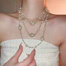 Women's Clothing Chain - Diamond-encrusted Oval Pearl Necklace - View 5