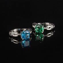 1pc Assorted‑Shades Cushion Cut Pink Gemstone Statement Ring, Halo Paved Side Stones High‑Carbon Crystal Band, Elegant Dainty Daily Wedding Engagement Jewelry - 海藍色 - 查看 3
