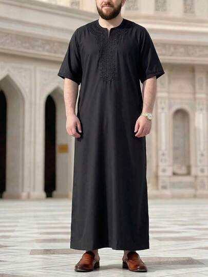 Nueva llegada Túnica corta de manga corta bordada estilo marroquí árabe para hombres musulmanes, adecuada para uso diario y como regalo
