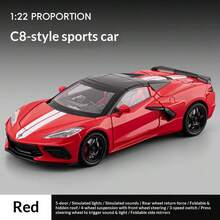 1pc 1:22 Scale Collectible High-Detail Alloy Die-Cast & Rubber C8-Style Sports Car Model, Modern American Supercar Style Multiple Color Options (Glossy Black With White Racing Stripes / Vibrant Red With White Racing Stripes / Bright Yellow With Black Racing Stripes) Mid-Engine Coupe Shape With 5 Openable Doors - Multicolor - View 8