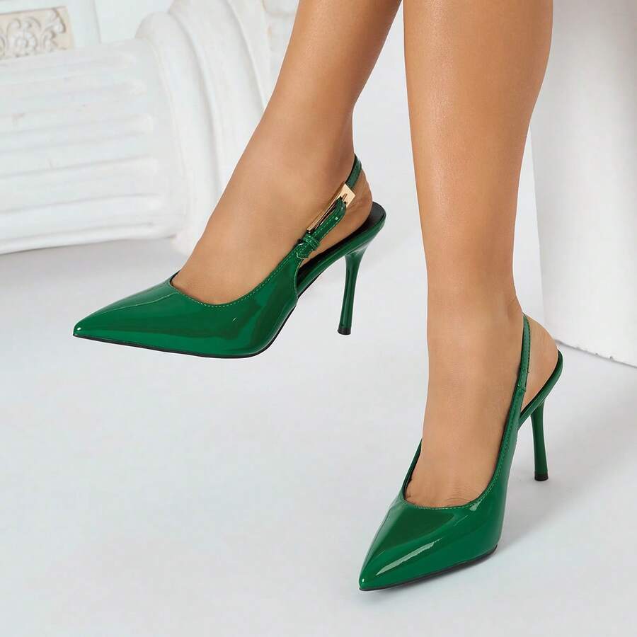 Business Casual Plain / Plain Toe Buckle Office High Heels Women's 2026 New Style Metallic Stiletto Heel Pointed Toe Strappy Sexy Patent Leather Closed-Toe Sandals - màu xanh lá - Xem 1