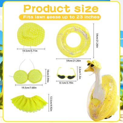 夏威夷庭院鹅装饰套装，适用于23英寸鹅雕像，包含帽子、时尚太阳镜和游泳圈，适用于水泥庭院装饰。