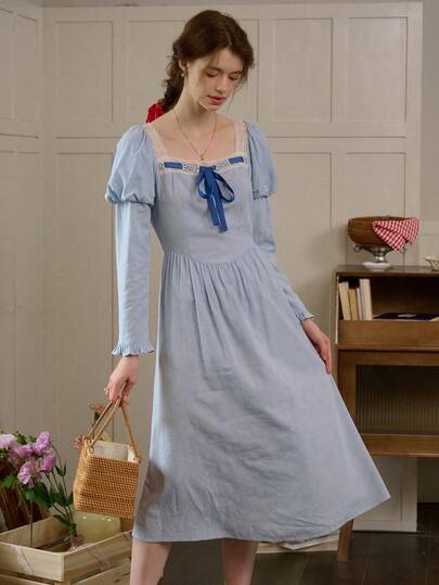 Women's Retro Blue Mid-Length Dress, Square Collar, Lace Trim, Puff Long Sleeves, Elegant Pastoral Style Dress