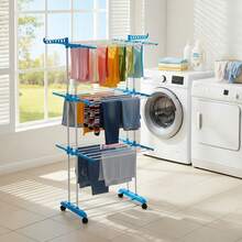 LIVINGANDHOME 3 Tiers Foldable Rolling Clothes Airer,Space Saving Clothes Drying Rack With Shoe Storage,Towel Rack For Indoor Outdoor Air Dryer,Space Saving Laundry Organiser - Blue 71cm(W) X 46cm(D) X 167cm(H) - View 2