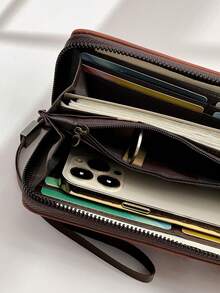 Men's Black Faux Leather Long Wallet - Detachable Wrist Strap, Zipper Closure, Fits Phone, Multiple Card Slots, Spacious For Daily Use - Khaki - View 7