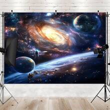1 件精美绝伦的外太空行星背景横幅 - 充满活力的星系和宇宙场景，点缀着旋转的星星、月亮和火箭 - 耐用的涤纶材质，可用于照片墙装饰，适用于直播、派对、生日、周年纪念、房间、花园或庭院装饰 - 室内/室外均可使用，月亮装饰 - 11 - 查看 1
