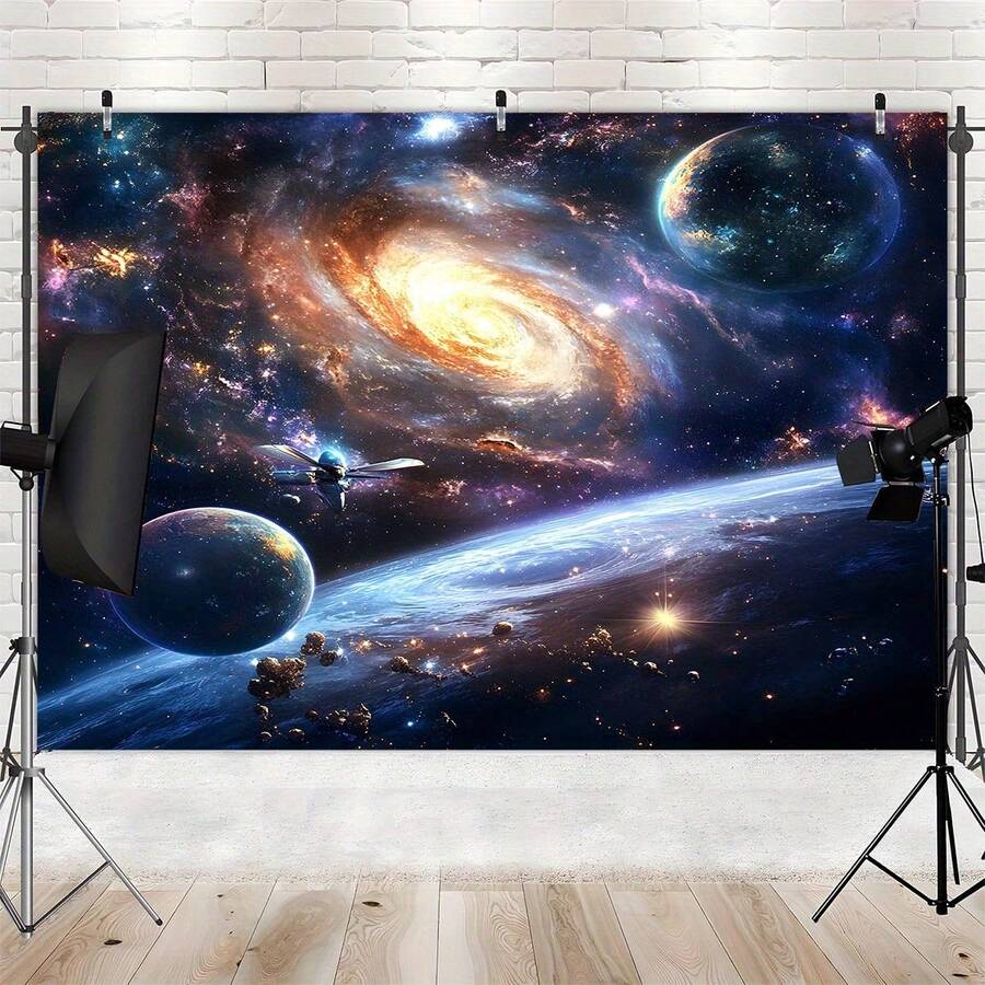 1 件精美绝伦的外太空行星背景横幅 - 充满活力的星系和宇宙场景,点缀着旋转的星星、月亮和火箭 - 耐用的涤纶材质,可用于照片墙装饰,适用于直播、派对、生日、周年纪念、房间、花园或庭院装饰 - 室内/室外均可使用,月亮装饰 - 11 - 查看 1