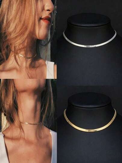 1件时尚简约短款扁平蛇骨链项链，精致镀金闪亮项链，精美首饰，女士礼物