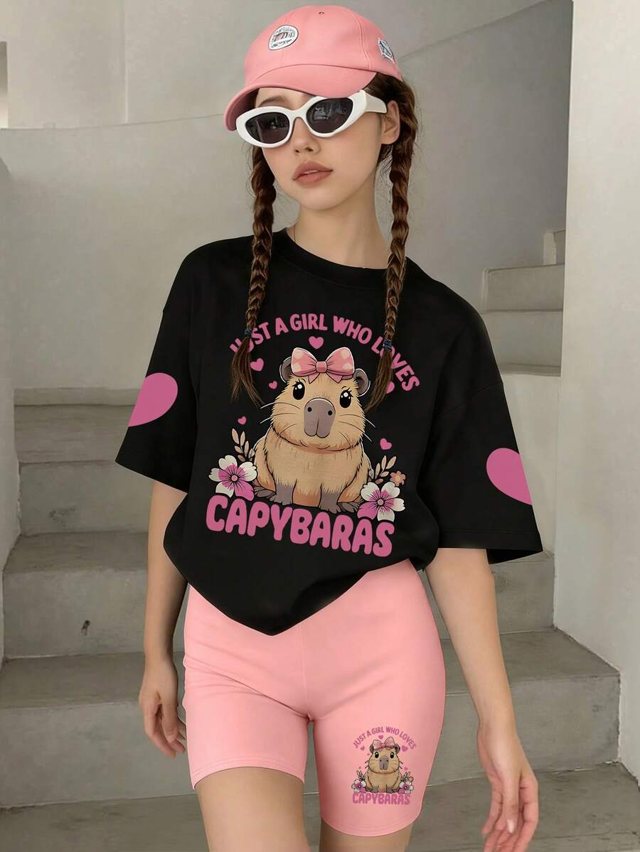Girls Cute Capybara Letter Print Crew Neck Short Sleeve Pullover Top + Cute Capybara Print Fitted Shorts Spring Summer Girls Set - Black - View 1