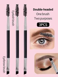 3Pcs Double-Ended Brow & Lash Brush Set, Professional Soft Fiber Makeup Tools, Portable Travel Eyebrow & Eyelash Brush Kit - Black - View 3