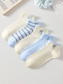 5 Pairs Women's Casual Short Socks, Heart & Butterfly Striped Pattern, Mesh Boat Socks, Fashion Versatile, Minimalist Comfortable, Soft Breathable, Suitable For Spring, Summer, Autumn, Random Colors - Multicolor - View 4