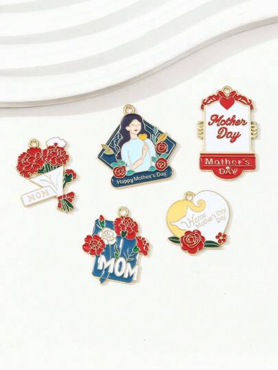 10 chiếc mặt dây chuyền hình giọt dầu ngẫu nhiên chủ đề Ngày của Mẹ, hình người mẹ hoạt hình, hoa hồng, hình trái tim, tự làm vòng tay, bông tai, vòng cổ.