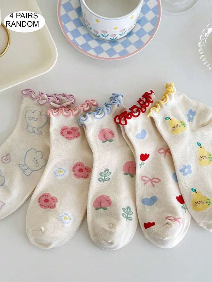 4/5 Đôi tất cổ ngắn nữ dễ thương với họa tiết nơ, hoa, trái cây, mềm mại và thoáng khí, tối giản, đa năng, phù hợp cho sinh hoạt hàng ngày, thể thao, thường ngày, mọi mùa, giao hàng ngẫu nhiên - Nhiều màu - Xem 1