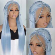 Light Blue Color Hair Synthetic Lace Front Wigs Fashion Blue 13x4 Free Part 28 Inches Long Straight Wigs HD Lace Pre Plucked Baby Hair Natural Hairline Glueless Frontal Lace Replacement Wigs Ready To Wear Comfortable For Women Girls Party Movie Concert Makeup Use Daily Wear - Màu xanh nhạt - Xem 11