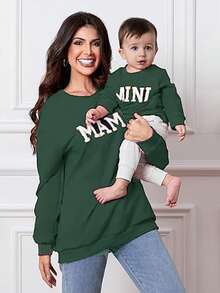 Mommy And Me Matching Outfits Christmas/Halloween Sweatshirts Family Matching Xmas Clothes Long Sleeve Crewneck Mama/Mini Letter Print Sweatshirts Pullover Tops Winter Fall Clothes - xanh quân đội - Xem 2