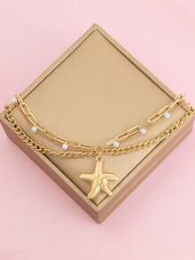 1pc Creative Fashion Multi-Layer Chain Pearl Chain Starfish Pendant Anklet, Suitable For Beach Resort Wear - Multicolor - View 3