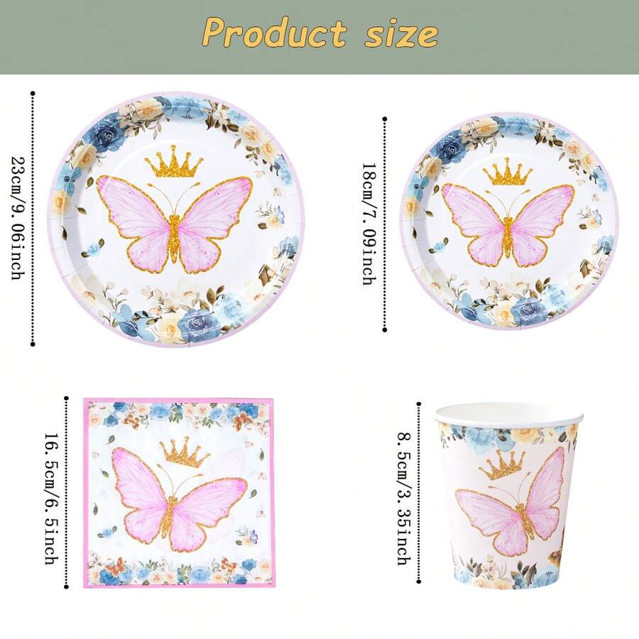 蝴蝶皇冠一次性餐具套装，7/9英寸派对餐盘，一次性纸盘、纸杯、餐巾纸，适用于节日、婚礼、订婚、生日、派对、庆典等场合。 - 多色 - 查看 1