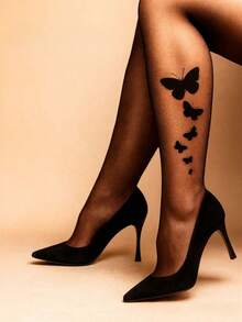 1双女士超薄仿百合花纹身连裤袜，性感透明肤色印花紧身裤 - 彩色 - 查看 2