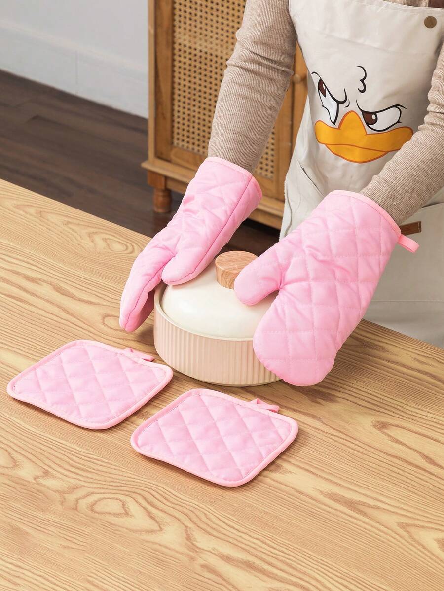 2pcs/4pcs Set Pink Oven Mitts And Pot Holders, Double-Sided Rhombus Pattern, Washable Kitchen Baking Cooking Heat Resistant Gloves And Pads, Microwave Mat Set - View 1